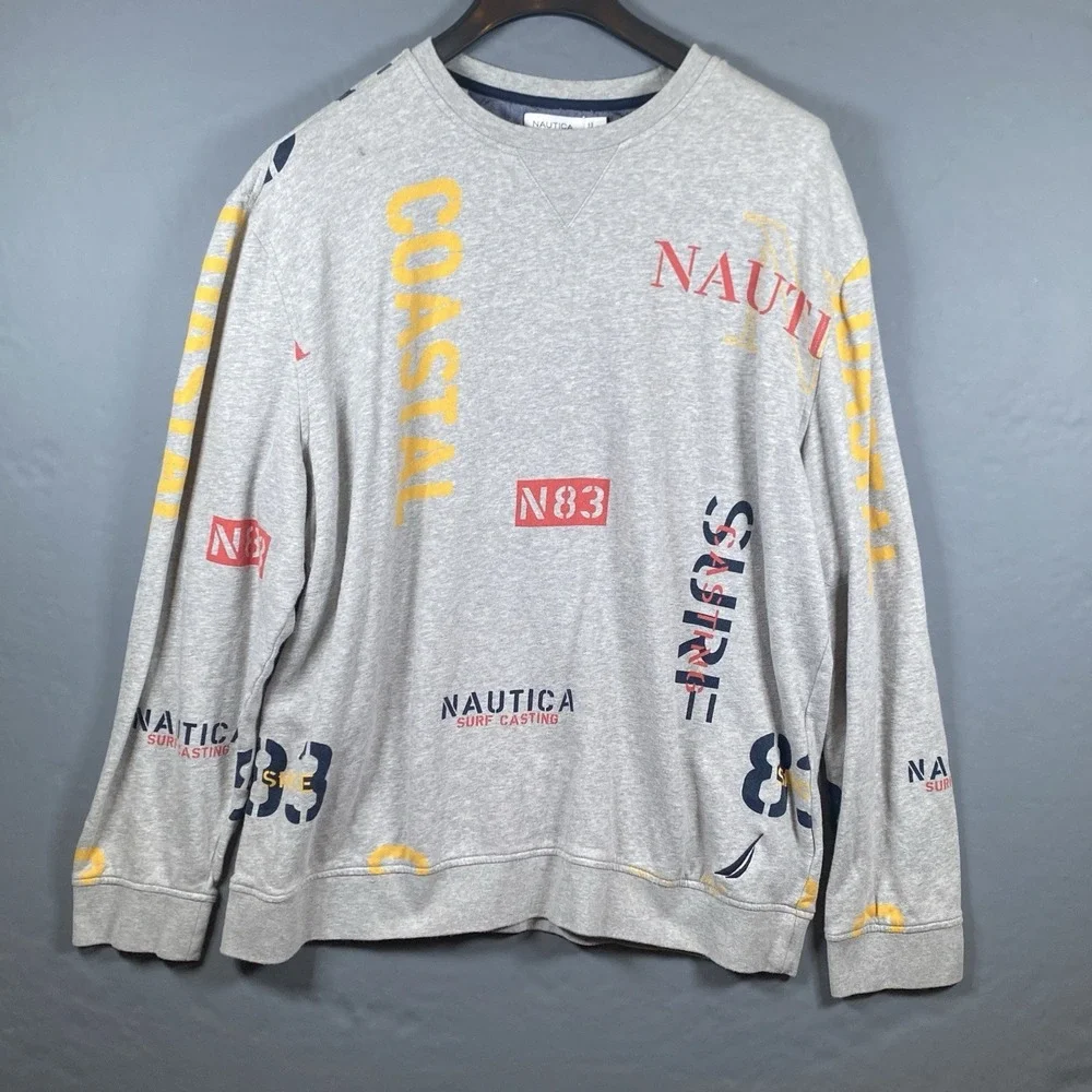 Vintage Y2K Nautica Gray Logo‎ Pullover Sweater Men's XXL
